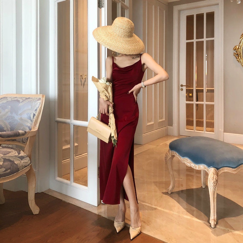 Đầm Dự Tiệc Đỏ Hai Dây Dáng Ôm Sexy Đầm Sang Trọng Váy Dài Xẻ Tà Tiểu Thư Phong Cách Pháp