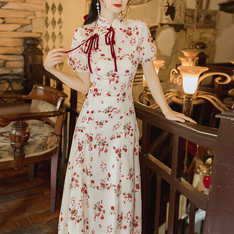 váy đầm dáng xoèChân váy๑☂2021 cô gái trẻ Pháp cổ điển phong cách Trung Quốc nhỏ màu đỏ tươi sườn xám phiên b