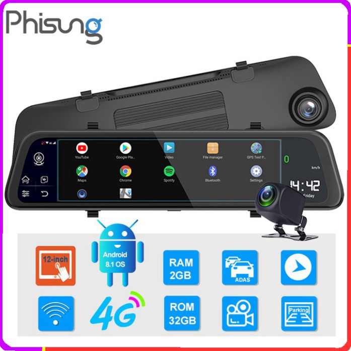 Sản Phẩm Camera hành trình gương ô tô cao cấp Phisung:  Mã Z68 màn hình 12 inch, 4G, Wifi, GPS,...