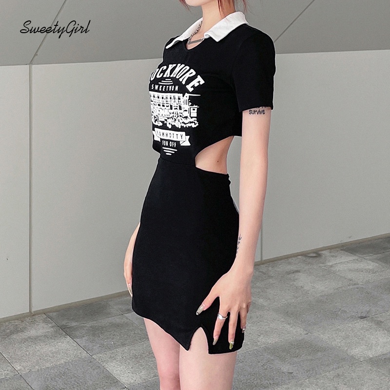 Đầm Cổ Chữ V Tay Ngắn Dáng Ôm In Chữ Phối Màu Tương Phản Thời Trang Cho Nữ 2022