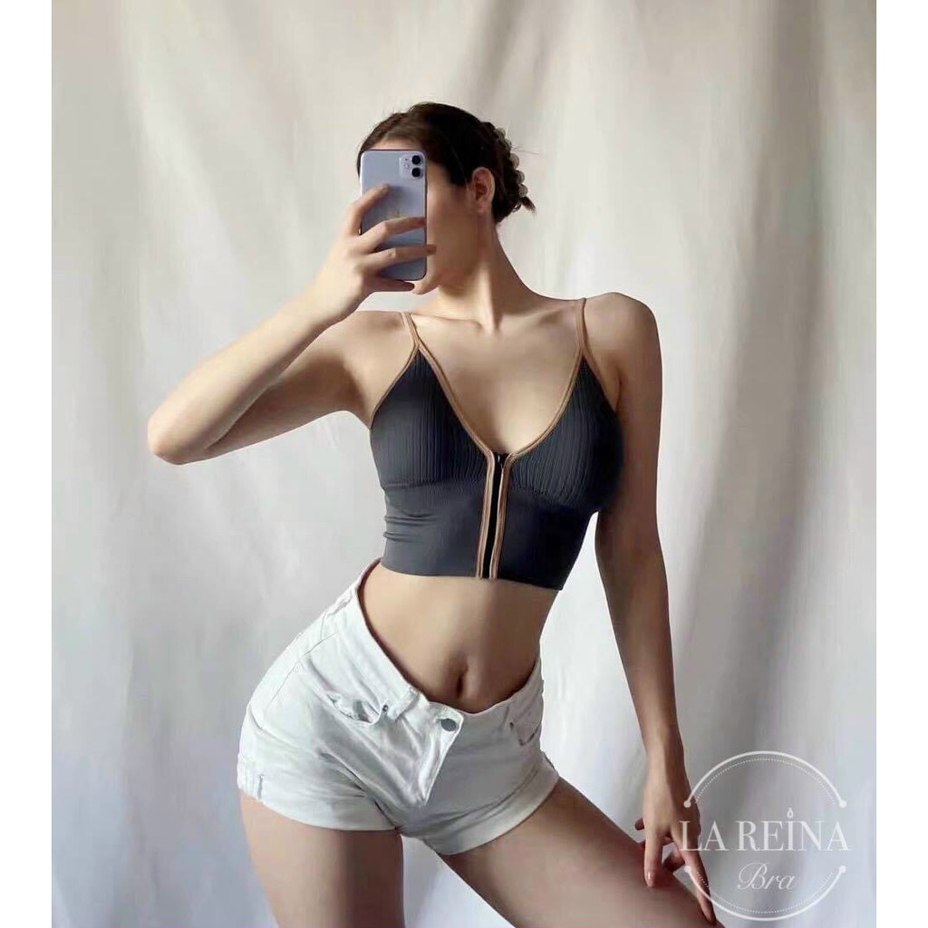 Áo Bra nữ kéo khóa cá tính, áo bra sexy cổ chữ V, áo Croptop cotton đẹp