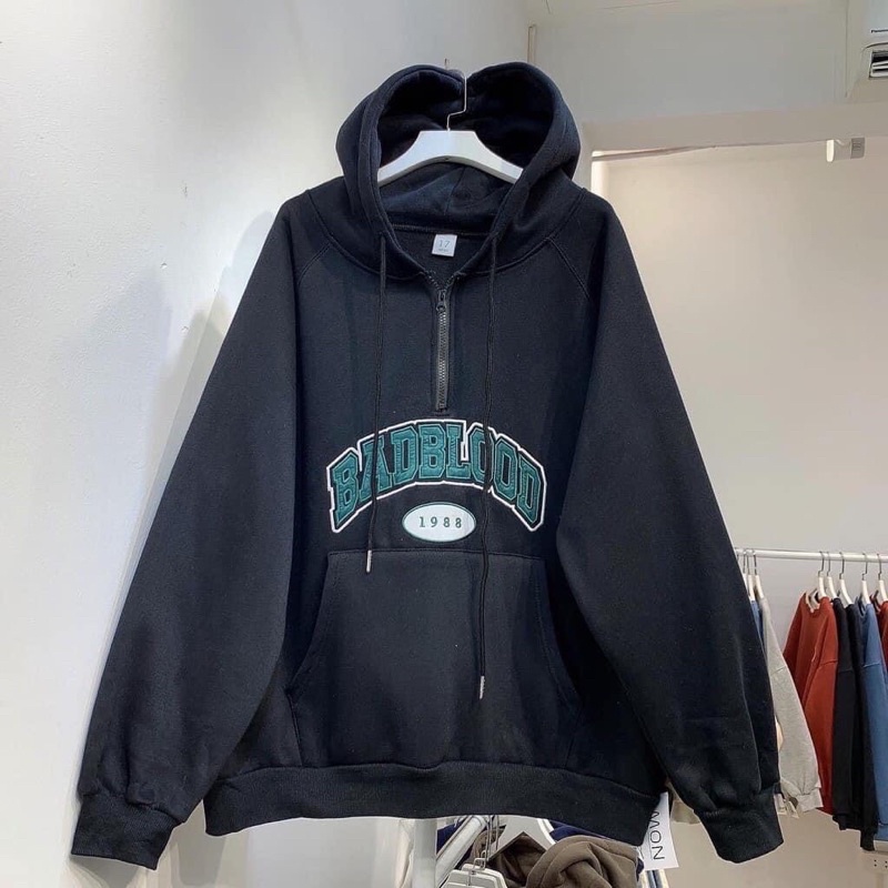 Áo khoác chui đầu hoodie phối dây kéo thêu chữ unisex ulzzang nam nữ