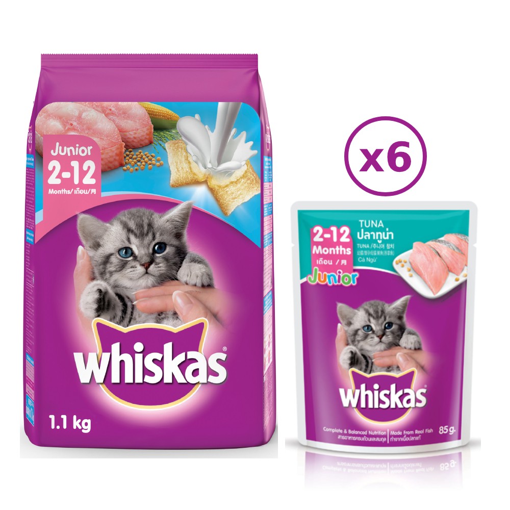 Bộ thức ăn dạng hạt dành cho mèo con Whiskas vị cá biển 1.1kg + 6 túi pate cho mèo con Whiskas vị cá ngừ 85g/túi