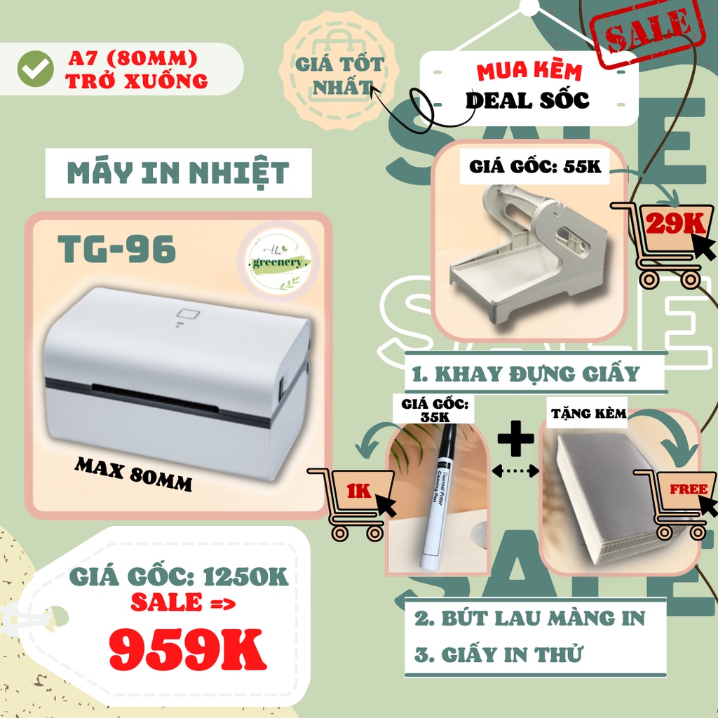 (HÀNG SẴN) Máy in nhiệt The Greenery TG-96  In Đơn Hàng Shopee, Tem, Mã Vạch, Hóa Đơn, Dùng Giấy In Nhiệt Tự Dính