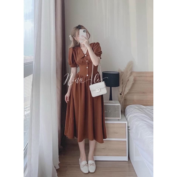 Đầm Đi Tiệc Thời Trang Nữ Cổ Sơ Mi Bèo Đính Nứt Ở Ngực Tay Búp - Chân Váy Dáng Dài Xòe Rộng Chất Umi Mịn