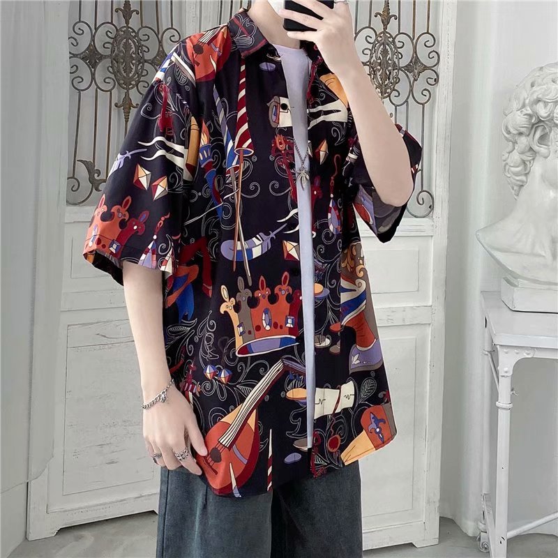 Áo sơ mi ngắn tay 3D hoa phong cách Hàn Quốc cho nam