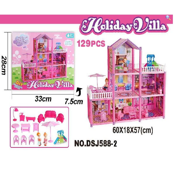 Bộ mô hình nhà búp bê Barbie cỡ lớn 60x18x57cm (DxRxC) đủ phụ kiện như ảnh chụp thực tế