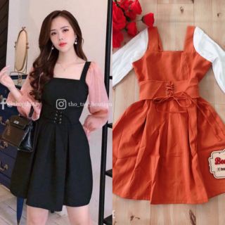 Đầm xòe cổ vuông tay dài phối voan nhũ bụng đan dây hàng Thiết Kế