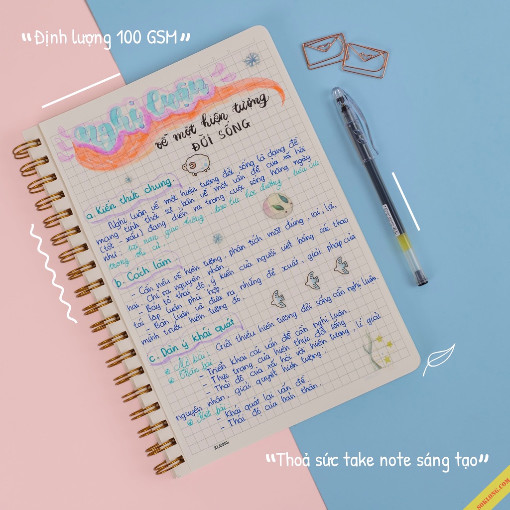 Sổ 200 trang B5 lò xo kép Caro/ Dotgrid Klong bìa cứng giấy siêu dày chống lem mực, vở Klong bullet journal