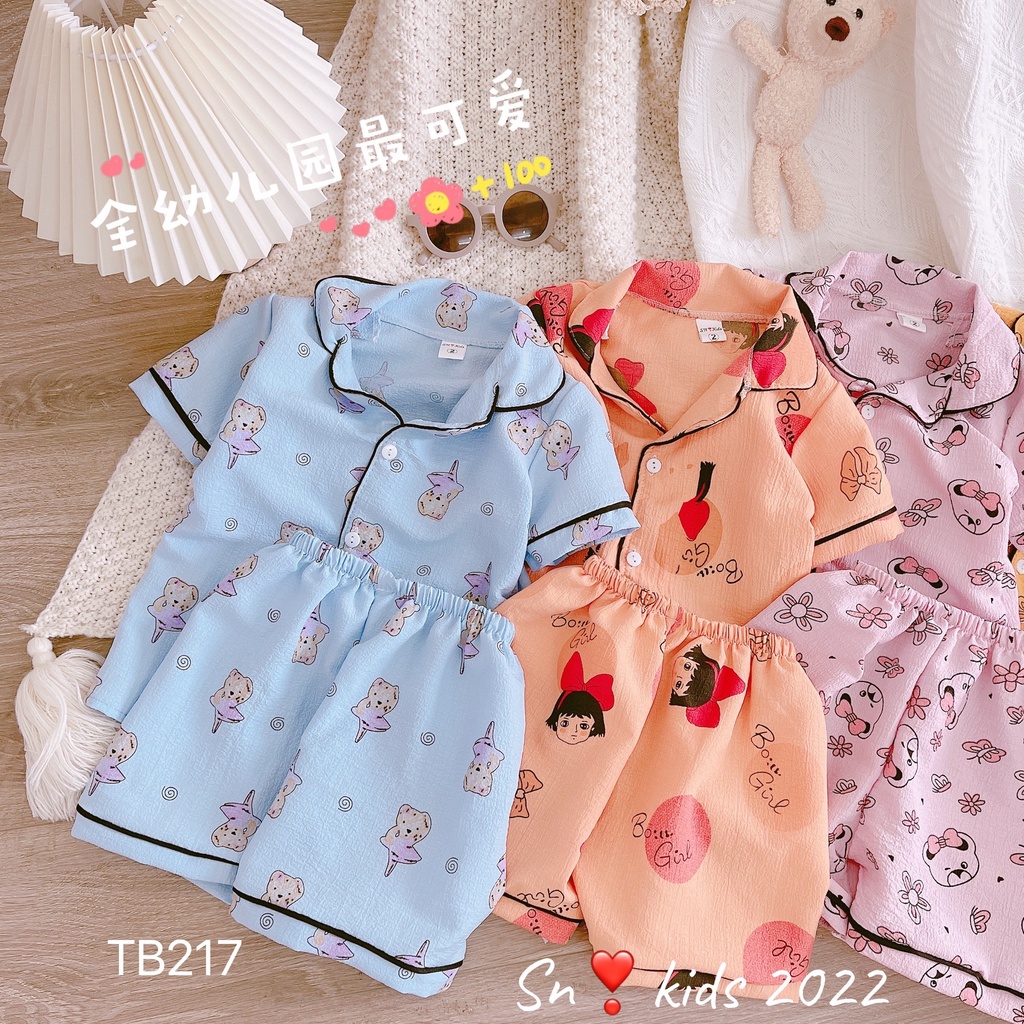 Bộ pijama cộc tay mặc nhà cho bé gái vải đũi xốp thoáng mát, mềm mại size từ 10 đến 20 kg
