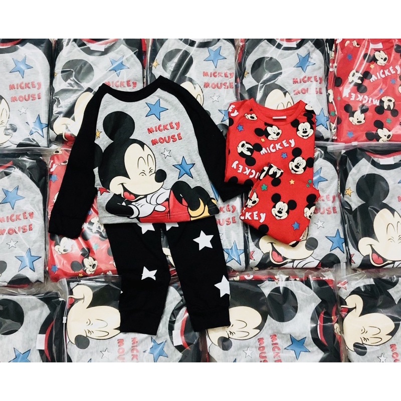 Set 2 bộ cotton dài tay in hình mickey cho bé trai size từ 10-24 cân
