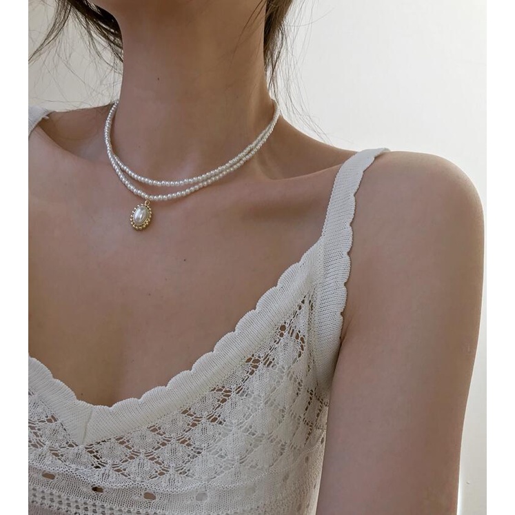 Vòng Cổ Choker Hai Lớp Đính Hạt Ngọc Trai Cổ Điển