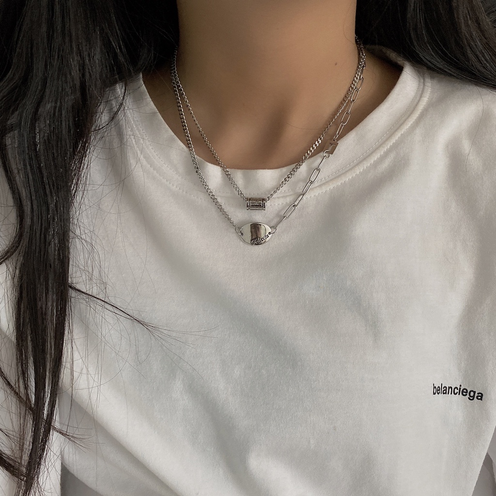 Dây Chuyền Hai Lớp Bằng Thép Titan Mặt Hình Học Hạt Tròn Phong Cách Hàn Quốc Thời Trang 22652