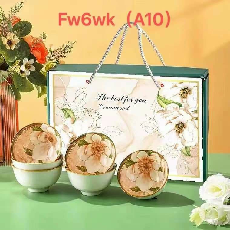 Bộ 6 chén kiểu bông hoa cổ điển tặng kèm 6 đôi đũa có hộp làm quà tặng