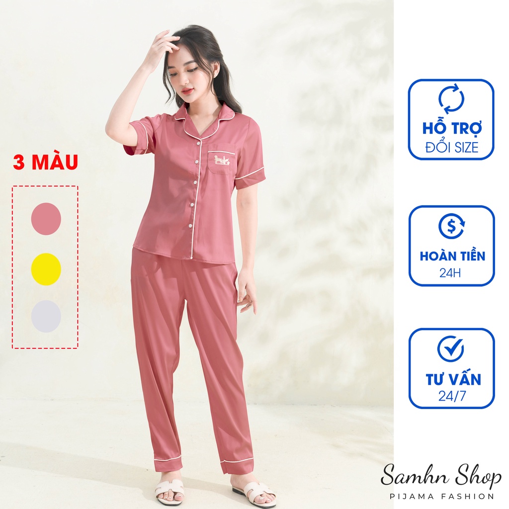 Bộ mặc nhà pijama lụa latin đồ ngủ nữ cộc tay pizama quần dài mùa hè họa tiết trơn cao cấp, Samhn Shop