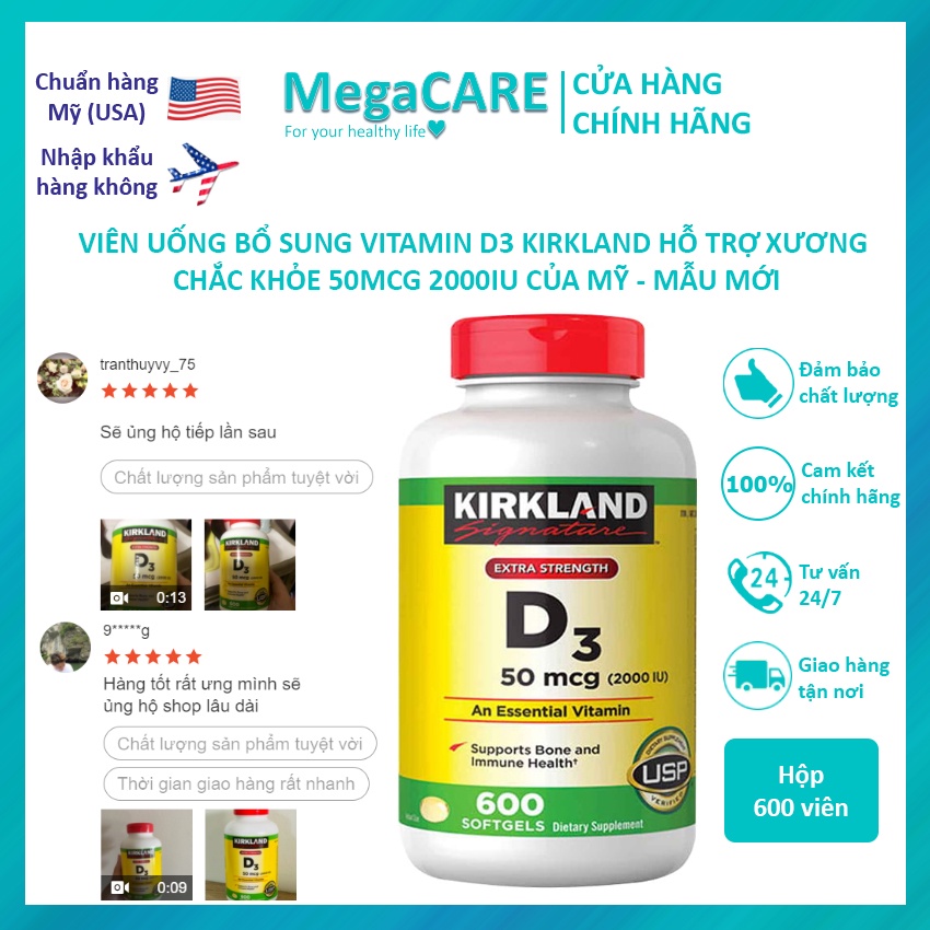 Viên uống hỗ trợ xương khớp Vitamin D3 Kirkland Extra Strength D3 của Mỹ Hộp 600 viên 50mcg 2000IU - Mẫu mới