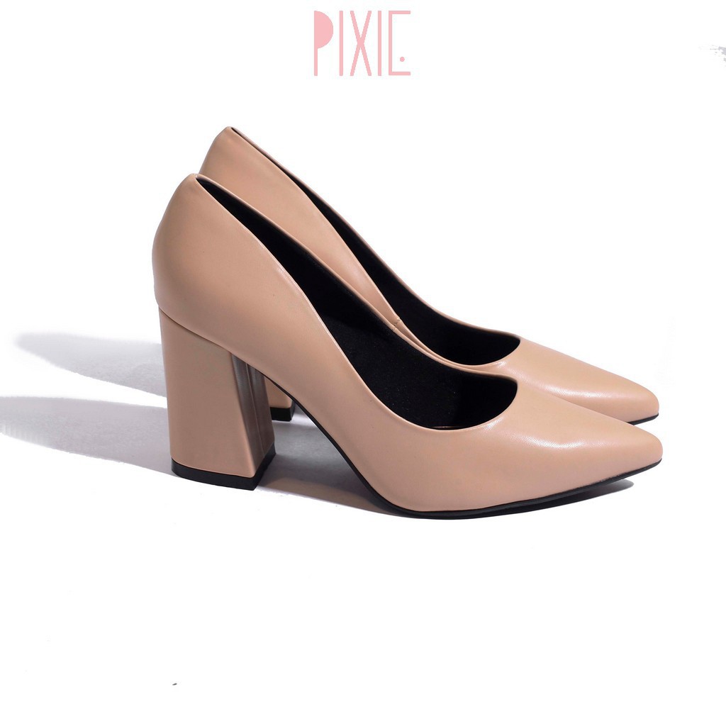 Giày Cao Gót 8cm Đế Vuông Mũi Nhọn Basic Màu Đen Pixie P159 -b1d