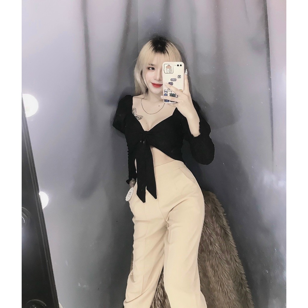 siêu xinh hot hit áo kiểu nơ ngực nhúm tay mix quần ống rộng cực xinh nè
