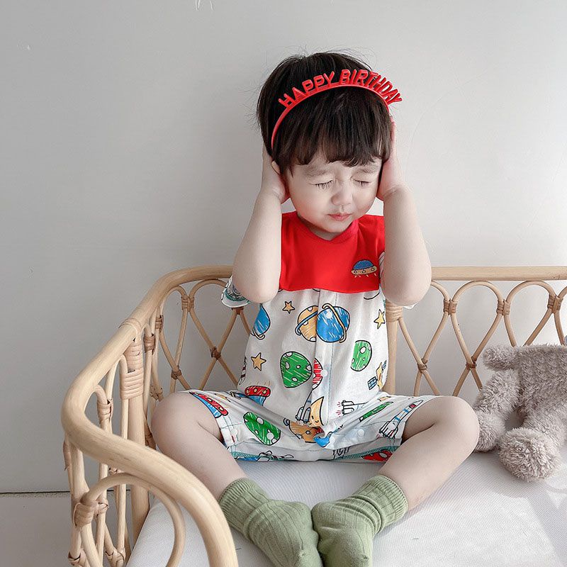 Bộ Đồ Ngủ Áo Liền Quần Tay Ngắn Chất Liệu Cotton Mỏng In Họa Tiết Hoạt Hình Thời Trang Mùa Hè Cho Bé