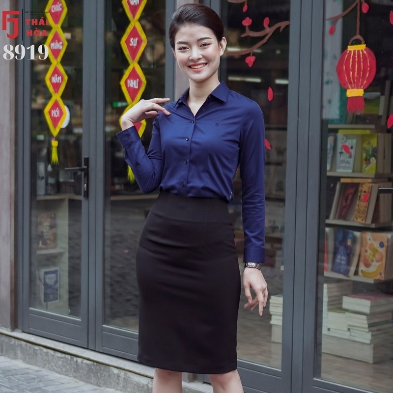 Áo sơ mi xanh nữ cao cấp công sở kiểu dài tay vải sợi tre Thái Hoà 8919-09-01