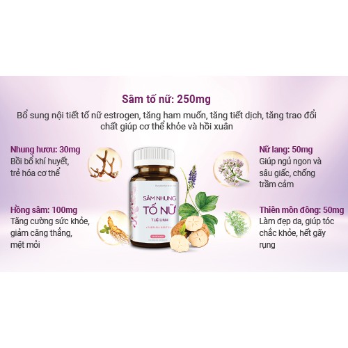 Sâm nhung tố nữ Tuệ Linh - Bổ sung nội tiết tố, cải thiện sinh lý nữ, đẹp da - Lọ 30 viên