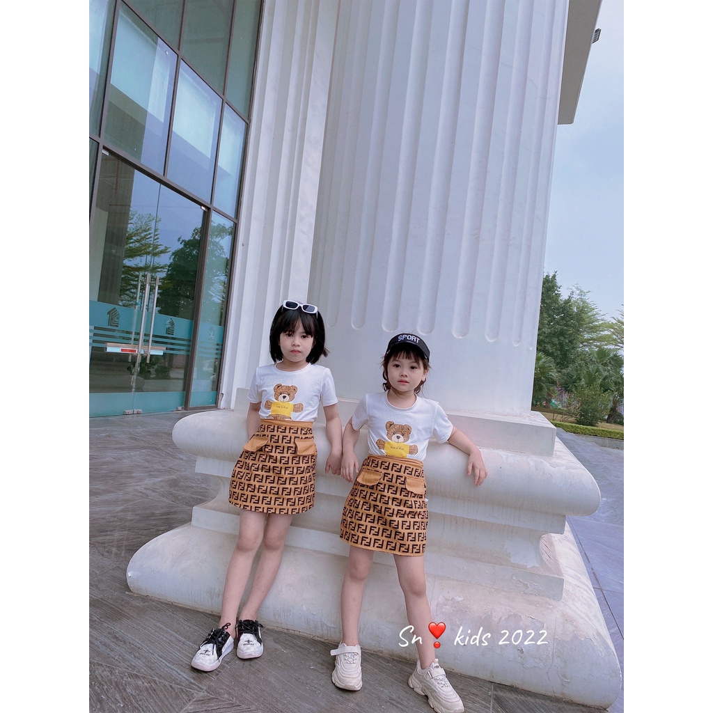 Bộ cộc tay bé trai, bé gái, cặp bộ đồng phục Fendiii vàng hot cho bé size 10-35kg