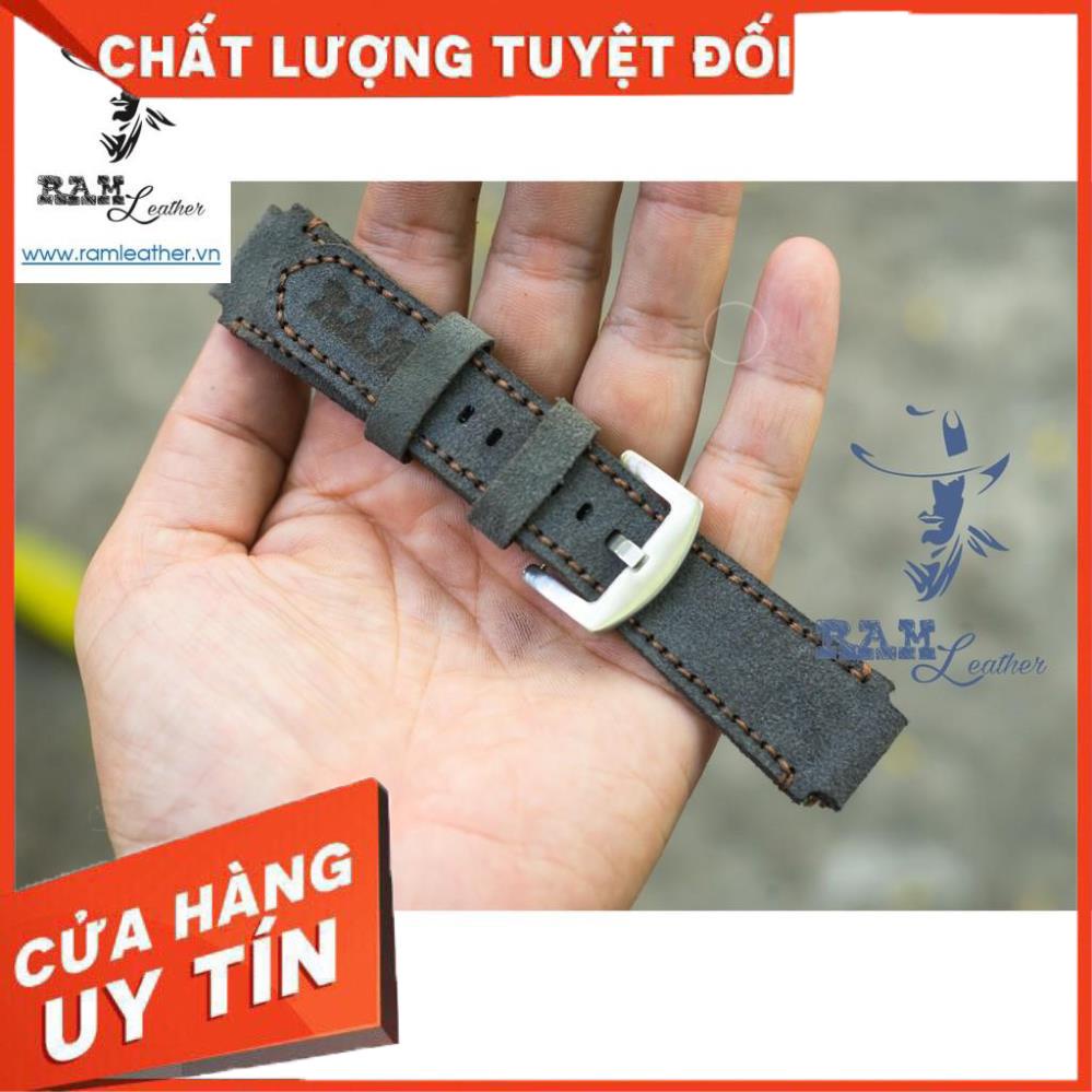 Dây đồng hồ da bò cho Casio AE1200 WHD và Seiko 5 37mm (Tặng Khóa + Cây thay dây + 2 chốt) - Da bò lộn xám than Đức +