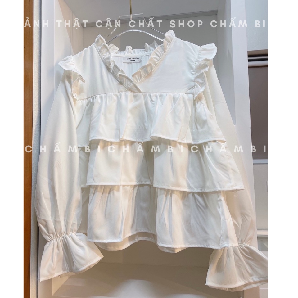 Áo kiểu nữ bánh bèo A.290, Áo sơ mi babydoll dài tay 3 tầng bèo xòe tay bo bèo nhẹ cổ tim cách điệu ngọt ngào cực xinh