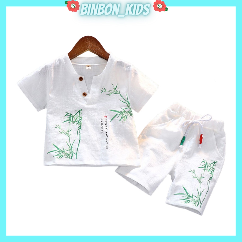 Bộ cộc tay cho bé trai Binbon kids, Đồ bộ bé trai Chất đũi in hình Cây Tre cực mát cho bé 6-28kg QATEA68