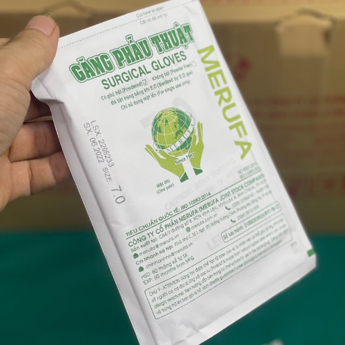 10 Đôi găng phẫu thuật đã tiệt trùng Merufa có tính đàn hồi tốt,có đủ các sai phù hợp với người sử dụng