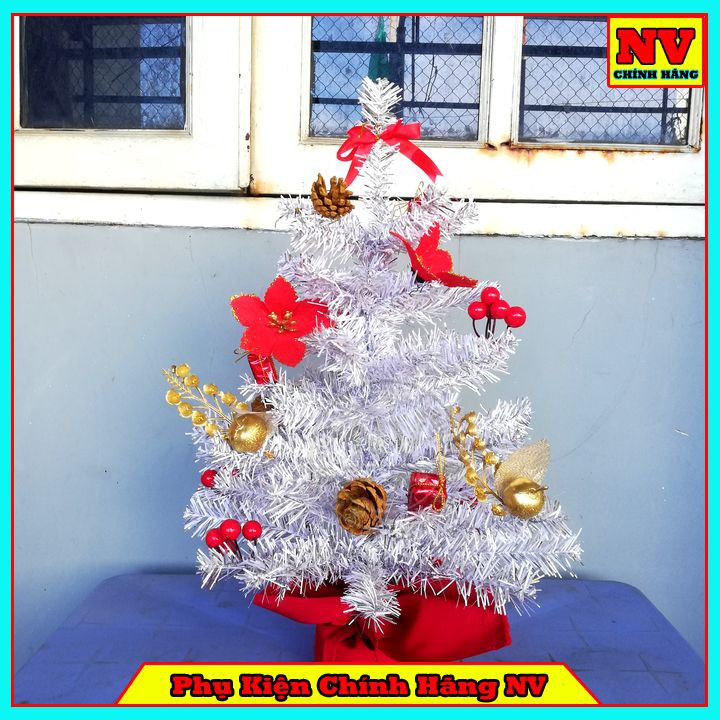 Cây Thông Noel Để Bàn 51Cm Màu Trắng Đế Nhựa Bọc Vải Đỏ
