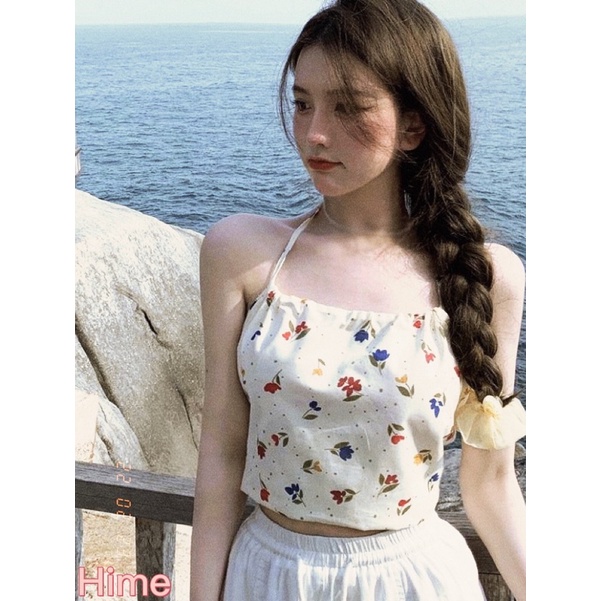 Áo Croptop cổ yếm cột dây hở lưng hai lớp sexy phong cách Hàn Quốc