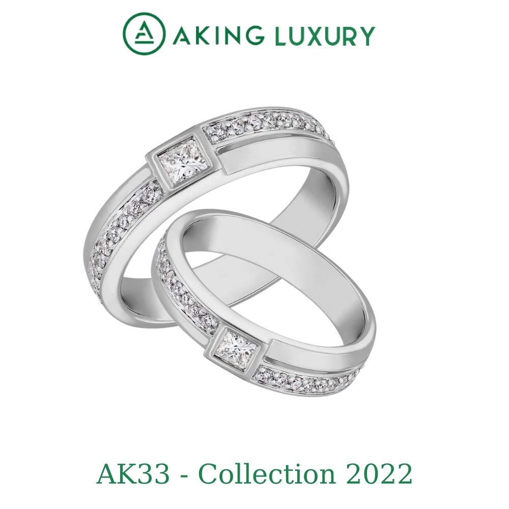 Nhẫn đôi bạc cao cấp AKING LUXURY AK33, thiết kế đồng điệu sử dụng đá vuông tạo cảm giác khỏe khoắn.