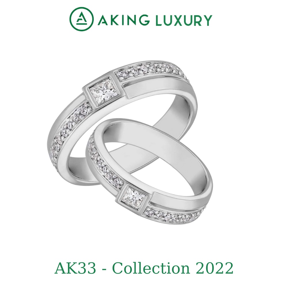 Nhẫn đôi bạc cao cấp AKING LUXURY AK33. Nhẫn nam, nhẫn nữ thiết kế đồng điệu sử dụng đá vuông tạo cảm giác khỏe khoắn.