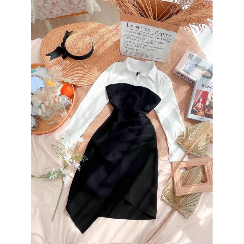 ĐẦM ĐEN NHÚN XẾP LI HÔNG LỆCH VẠT PHỐI CỔ SƠMI TRẮNG TAY DÀI KÈM ẢNH THẬT | BigBuy360 - bigbuy360.vn