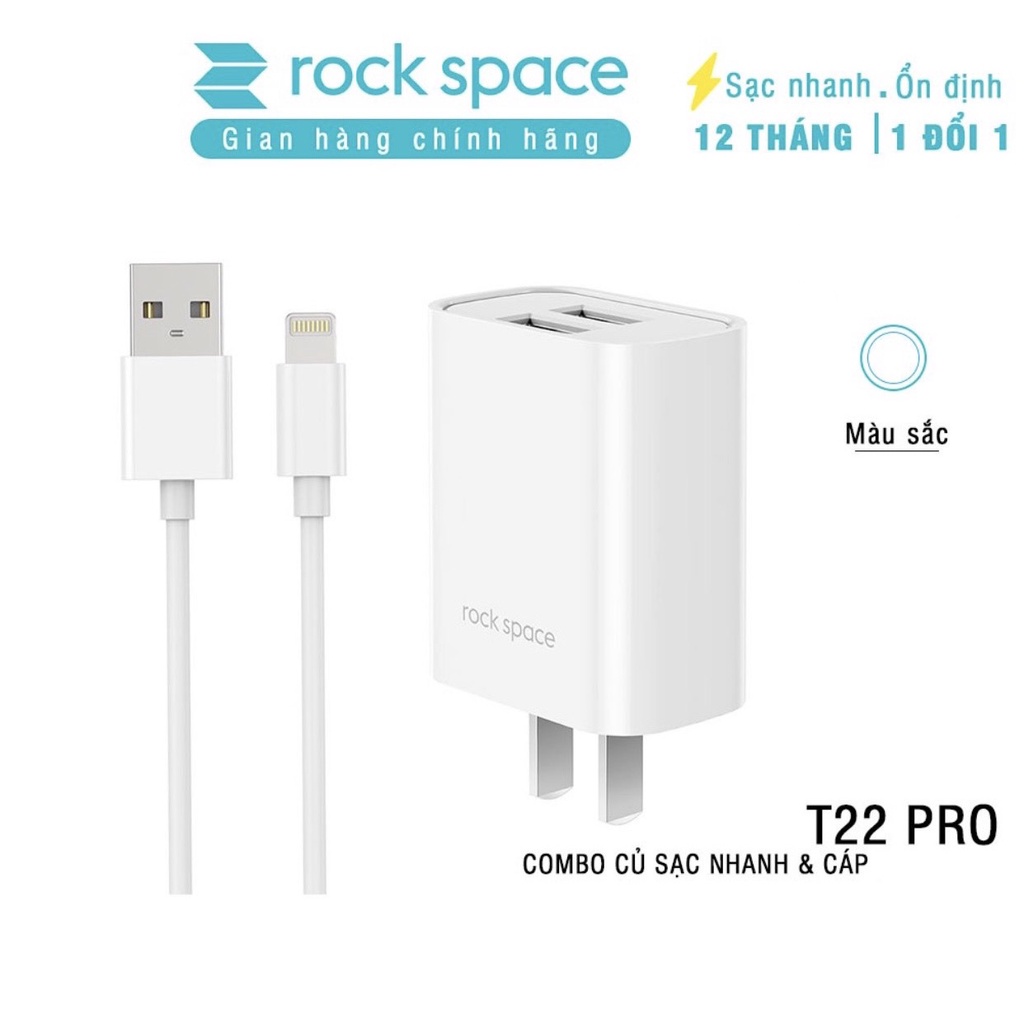 Bộ củ cáp sạc nhanh iPhone chính hãng Rockspace T22 pro 2 cổng sạc nhanh không nóng máy,bảo hành 12 tháng