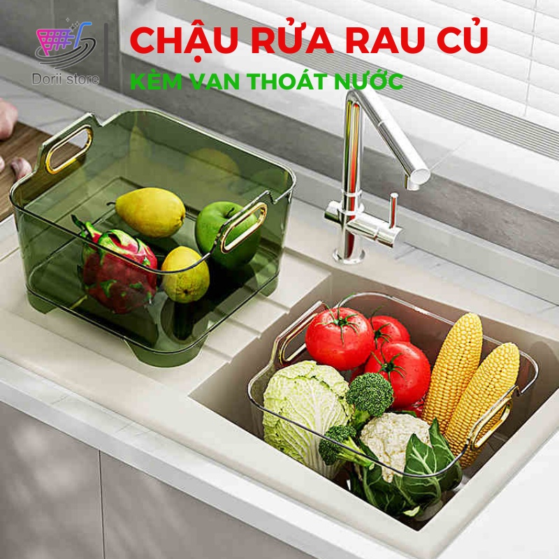 Chậu Rửa Rau Củ Kèm Van Xả Nước Xoay Van Tiện Lợi, Rổ Đựng Hoa Quả Siêu To- Dorii Store