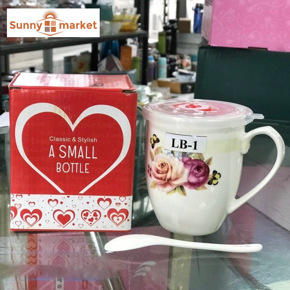 Bộ ly sứ kèm muỗng, ly sứ quai cầm có nắp đậy kèm muỗng sứ, ly uống nước
