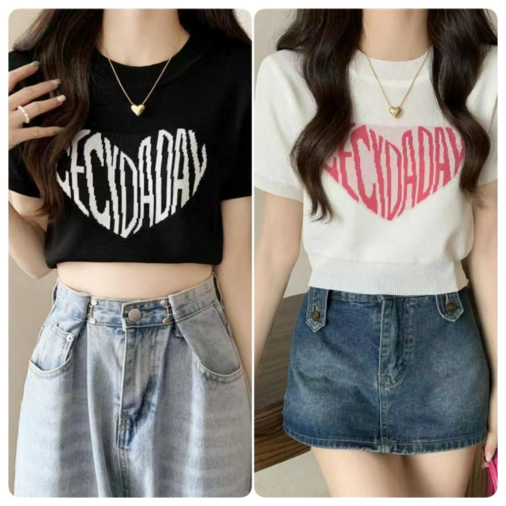 Áo Croptop Dệt Kim Tay Ngắn In Họa Tiết Quyến Rũ Phong Cách Hàn Quốc Cho Nữ