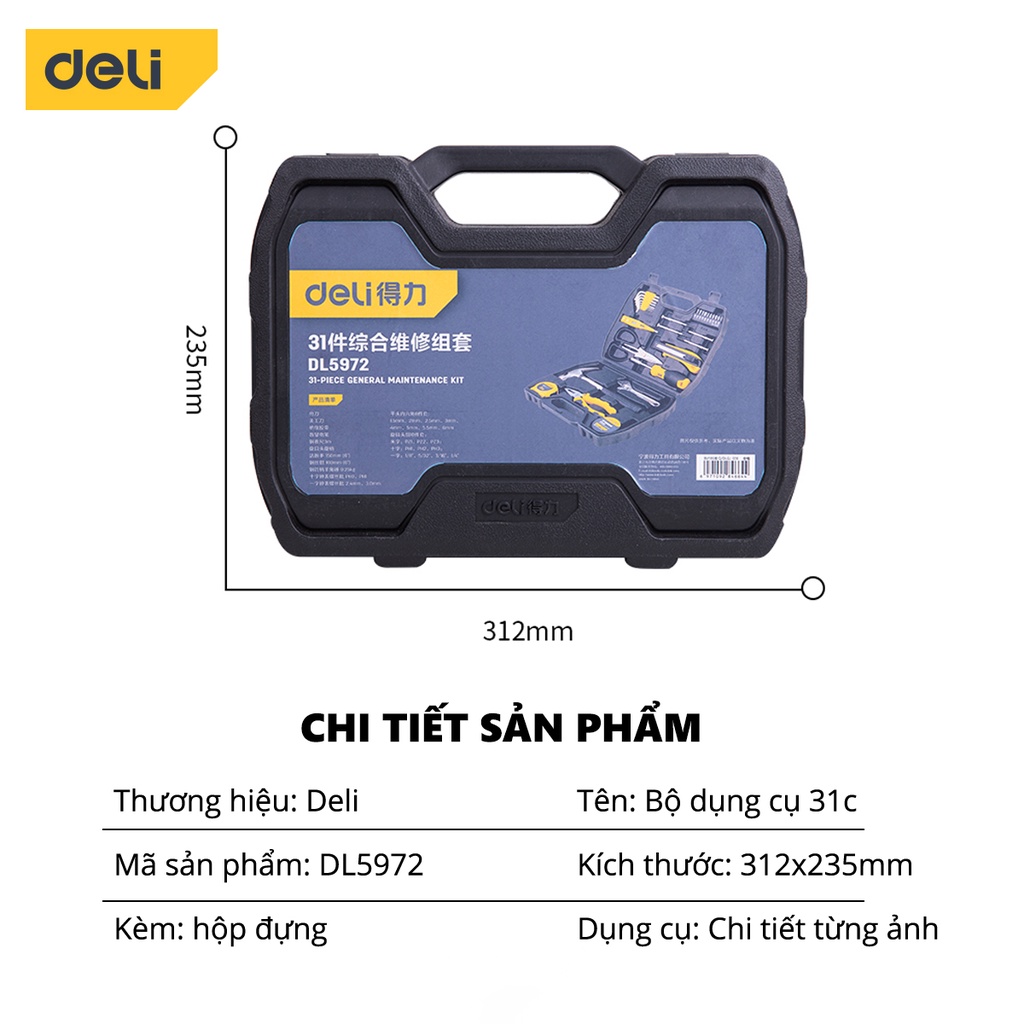 Bộ Dụng Cụ Sửa Chữa Đa Năng 31 Chi Tiết Deli Cao Cấp - Sử Dụng Nhiều Mục Đích, Tiện Dụng Cho Mọi Gia Đình - DL5972