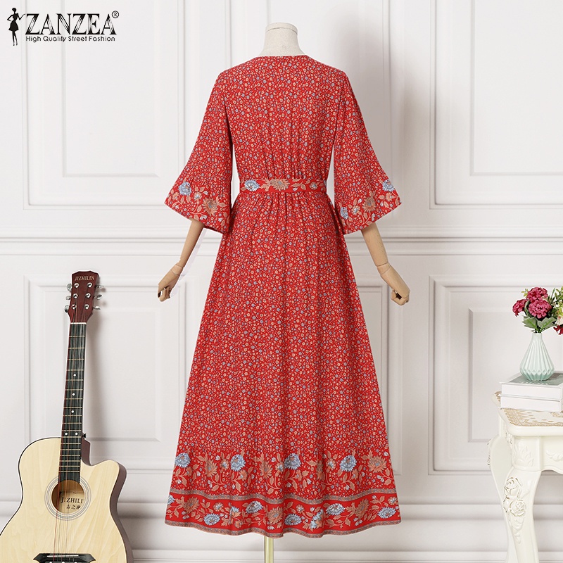 Zanzea Đầm Tay Loe Cổ Chữ V In Họa Tiết Phong Cách Bohemian Dành Cho Nữ