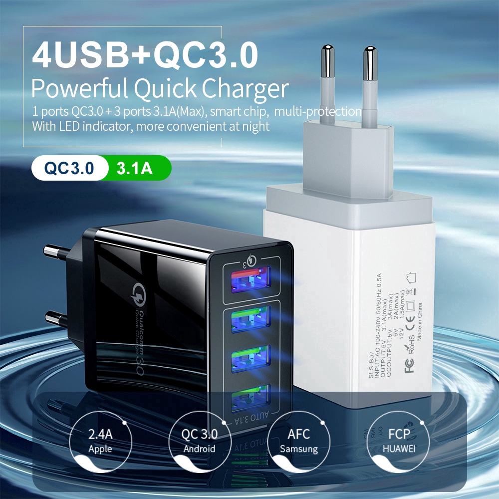 Cốc Sạc Nhanh 4 Cổng USB 3.1A QC3.0