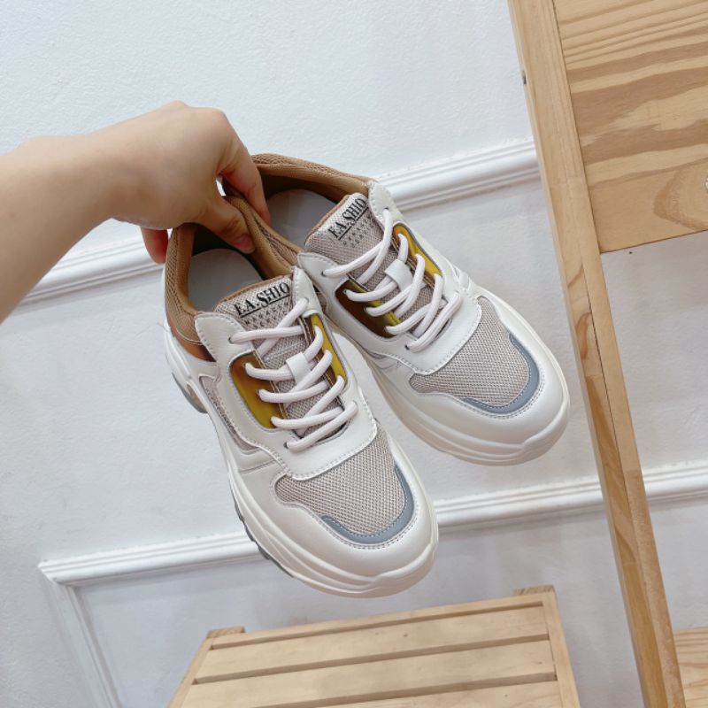 LoH(ẢMH THẬT) Giày Thể Thao Nữ Nâng Đế 6p Nâu Vàng Pha Lưới Da Mềm Êm Fullbox Cao Cấp