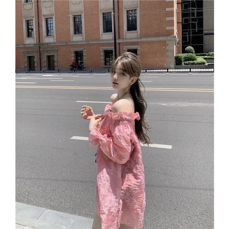 Đầm Trễ Vai Màu Hồng Phong Cách Hàn Quốc Thời Trang Mùa Hè Cho Nữ