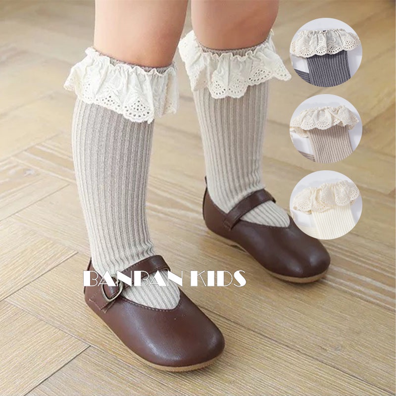 Vớ Cotton Cổ Trung Không Gót Phối Ren Phong Cách Xuân Thu Mới Cho Bé Gái