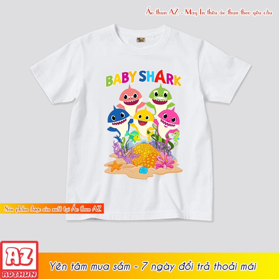 Áo thun trẻ em in hình cá mập baby shark màu cam trắng hồng xanh biển M2899