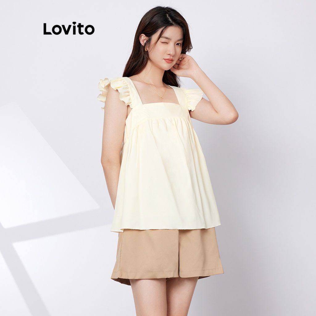 [Hàng có sẵn] Bộ Quần Short Xòe Nhún Bèo Màu Trơn Lovito L29AD064 (Màu Mơ)