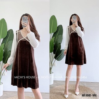Váy nhung phối tay somi cổ viền,đầm suông rộng freesize mã V948 - Michi's House