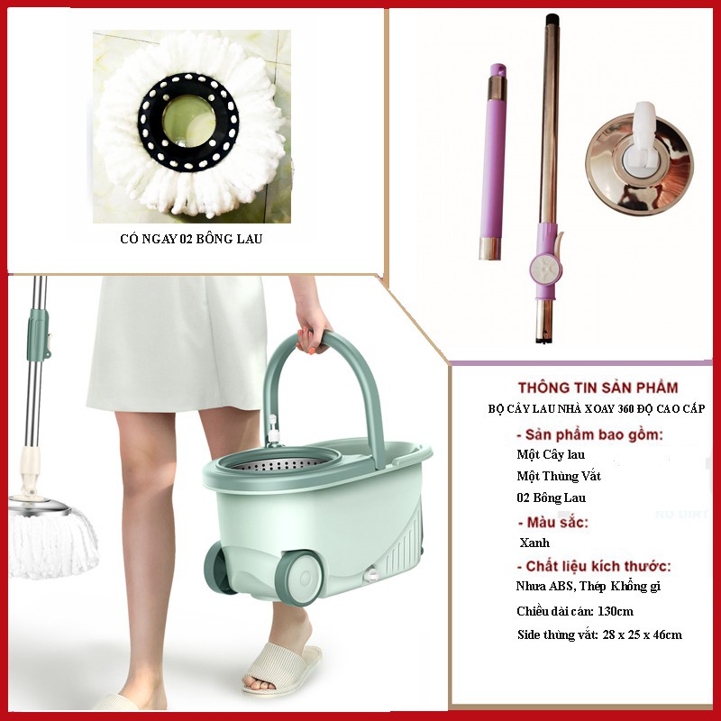 Bộ Chổi Lau Nhà Thông Minh Đầu Xoay 360 Độ Có Lồng Vắt Phân Tách Bằng INox Chắc Chắn