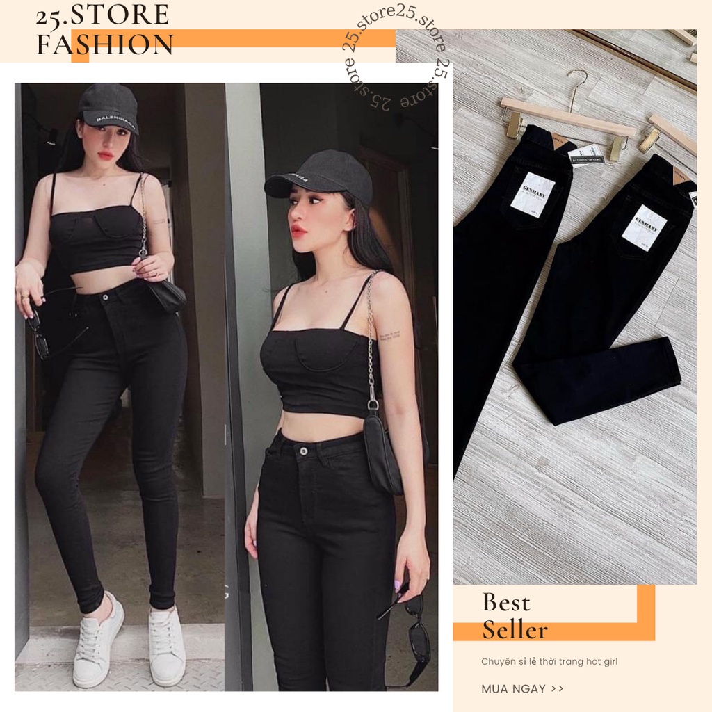 Quần jeans nữ lưng cao trơn ôm body lưng siêu cao màu đen - 25 STORE